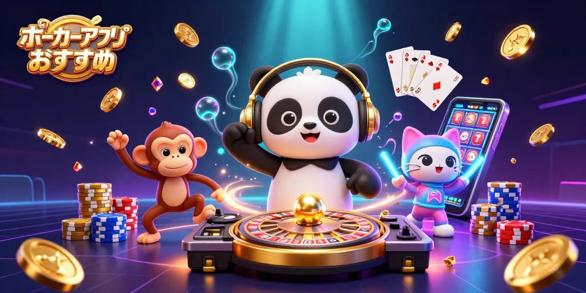 ポーカー アプリ おすすめのシーンで楽しむカートゥーン風のDJパンダと仲間たちの素晴らしいイラスト。
