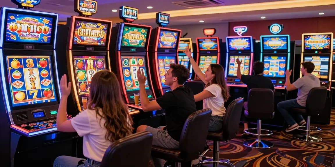Permainan slot yang seru dengan pemain beragam merayakan kemenangan di kasino.