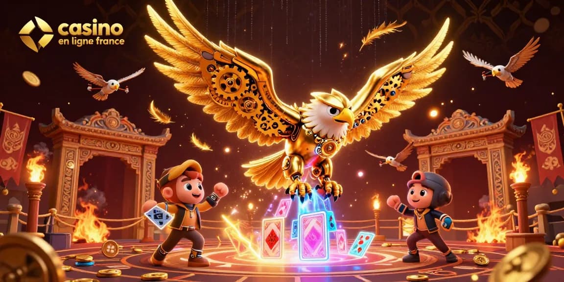 Plongez dans l'univers du casino en ligne France avec un aigle cyborg plongeant à travers des cartes holographiques.