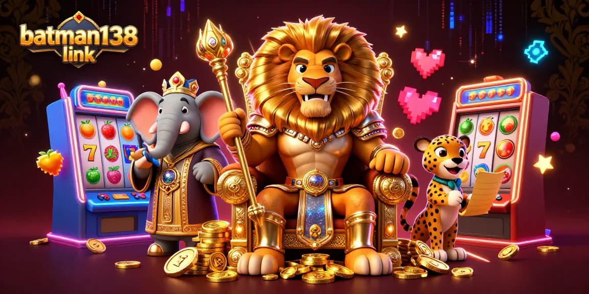Engage with thrilling slot games at batman138 link, featuring a majestic lion king and vibrant arcade elements.