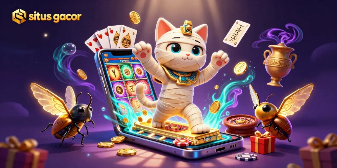 Win big on situs gacor with a dynamic casino scene featuring slot games and treasures.