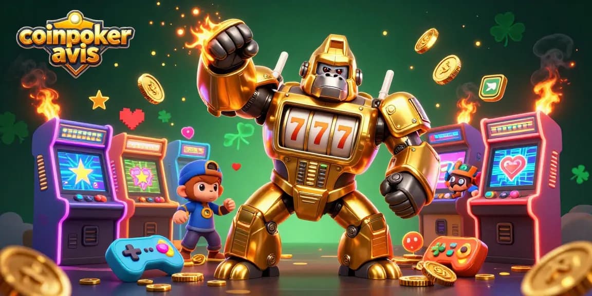 Découvrez l'avis sur CoinPoker avec une ambiance dynamique de jeux de casino et des éléments crypto.