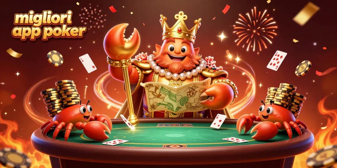 Scopri le migliori app poker con il granchio dorato che guida il gioco in un ambiente vibrante.
