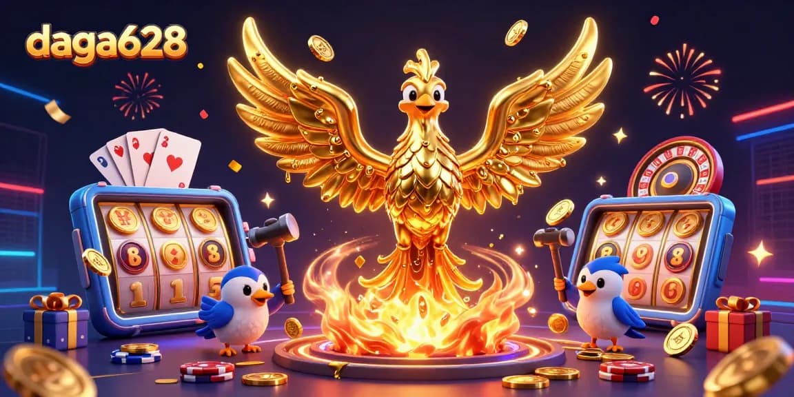 daga628 phoenix emerging from molten gold with slot game elements, showcasing exciting gambling action.