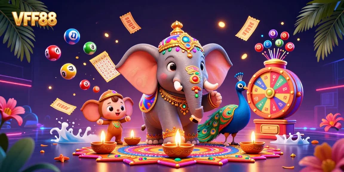 VFF88 promotes exciting online gaming experiences with vibrant animated lottery elements in a colorful casino scene.
