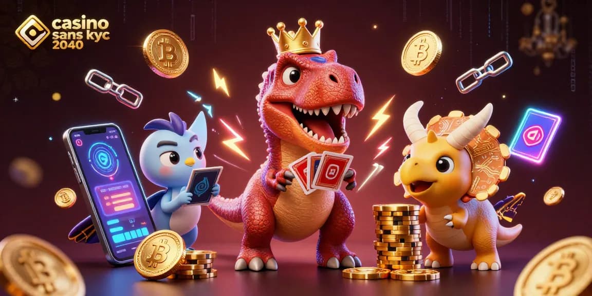 Découvrez le casino sans KYC 2040 avec un T-Rex en couronne, un assistant et des jetons.