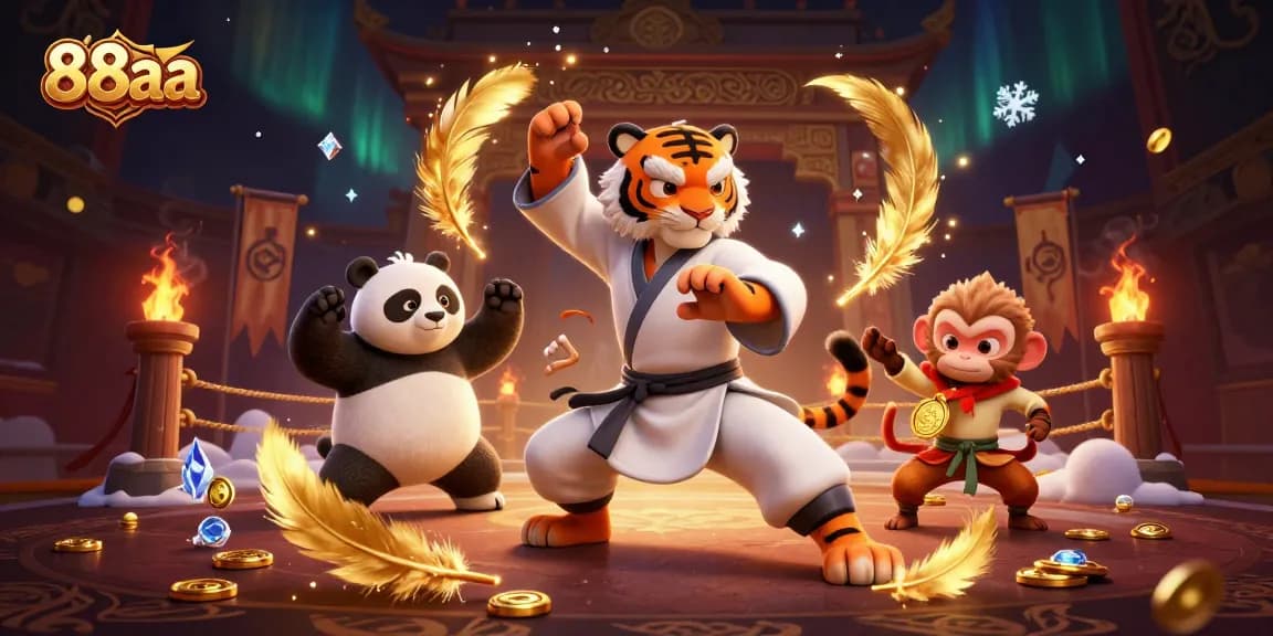 Engage in thrilling gameplay with 88aa featuring kung fu characters amidst a dynamic gambling scene.