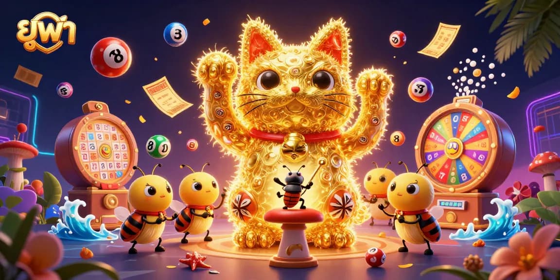 Step into the exciting world of ยูฟ่า with a vibrant, animated lucky cat and casino-themed elements.