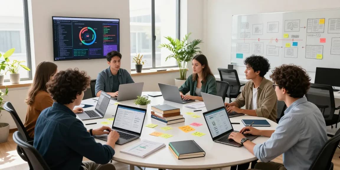 Mobile app development services in a vibrant team workspace with developers collaborating on innovative projects.