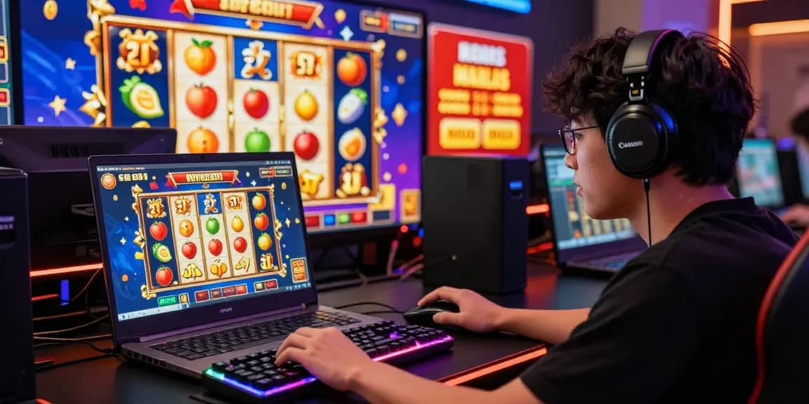 Exciting benihtoto daftar online gaming scene, player engaged with vibrant slot graphics and colorful animations.