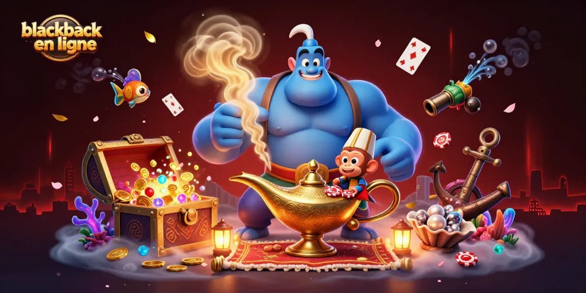 Gagnez au blackjack en ligne avec une illustration dynamique de jeu, mettant en scène un génie et des jetons de poker.