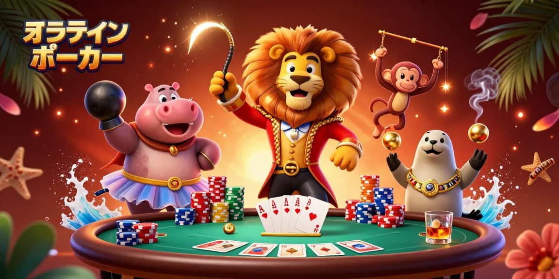 オンラインポーカーのテーブルで盛り上がるカートゥーンキャラたちの楽しいシーン
