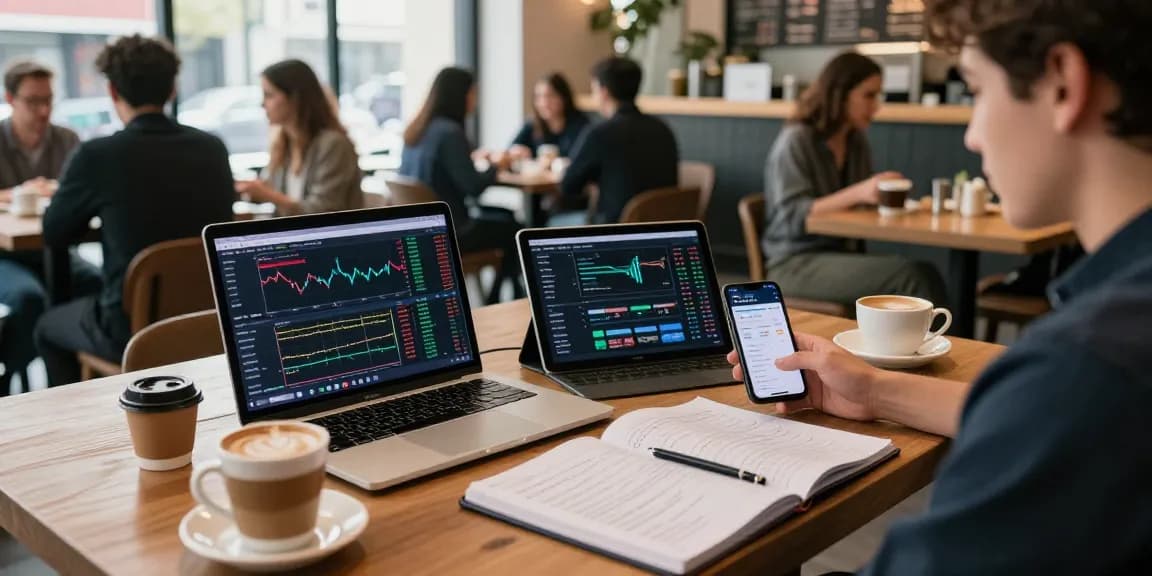 Cricbet99 trading and betting platform showcased on multiple devices in a lively coffee shop environment with cryptocurrency charts and market analytics.