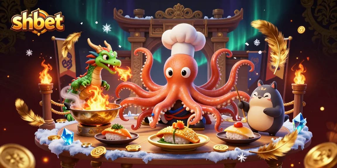 Engage with the vibrant shbet scene of a sushi chef octopus and dragon in a dramatic casino atmosphere.