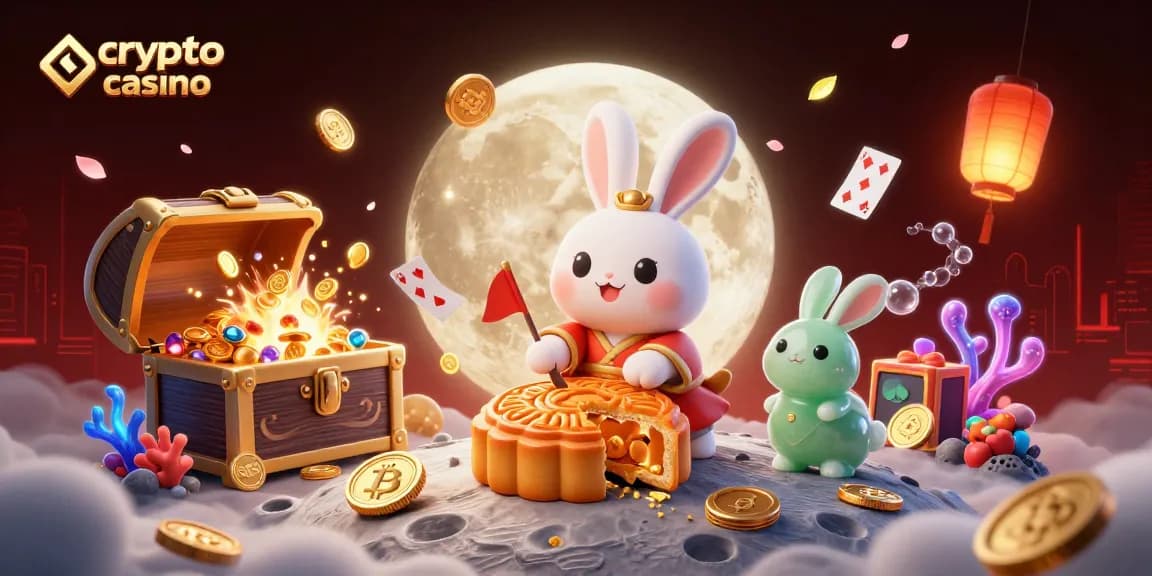 Vivi l'azione di un crypto casino con un coniglio lunare che rivela fiches da poker all'interno di mooncake dorati.