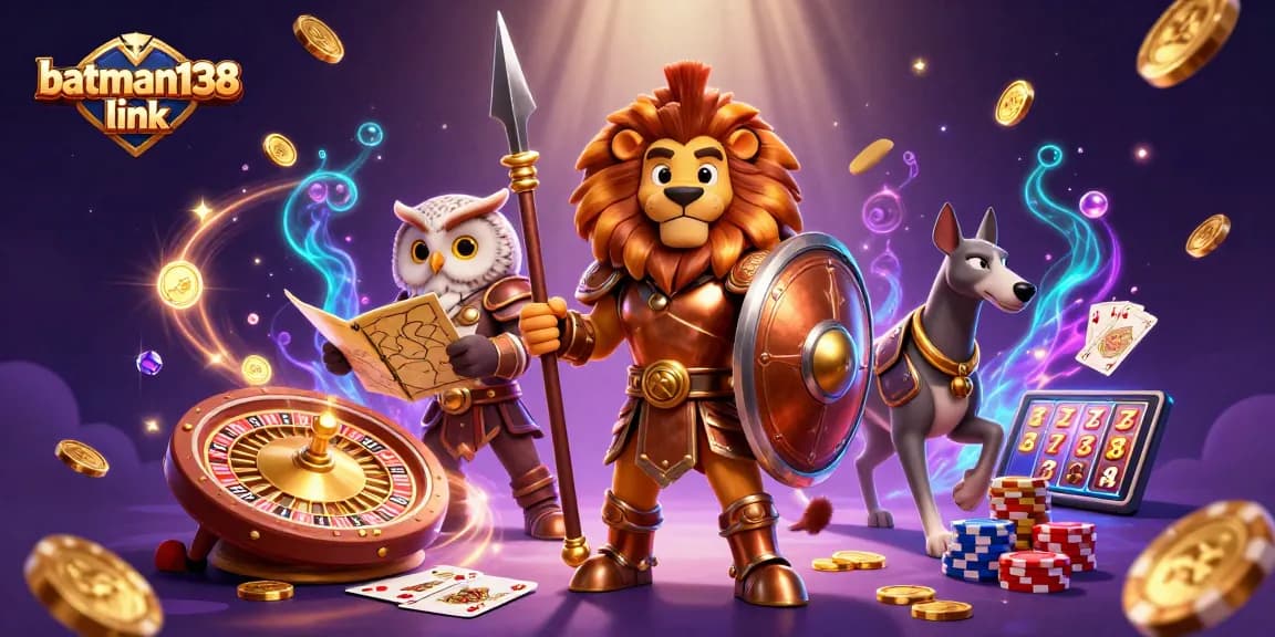 Engage with the batman138 link, a dynamic casino scene featuring a Spartan lion and golden coins.