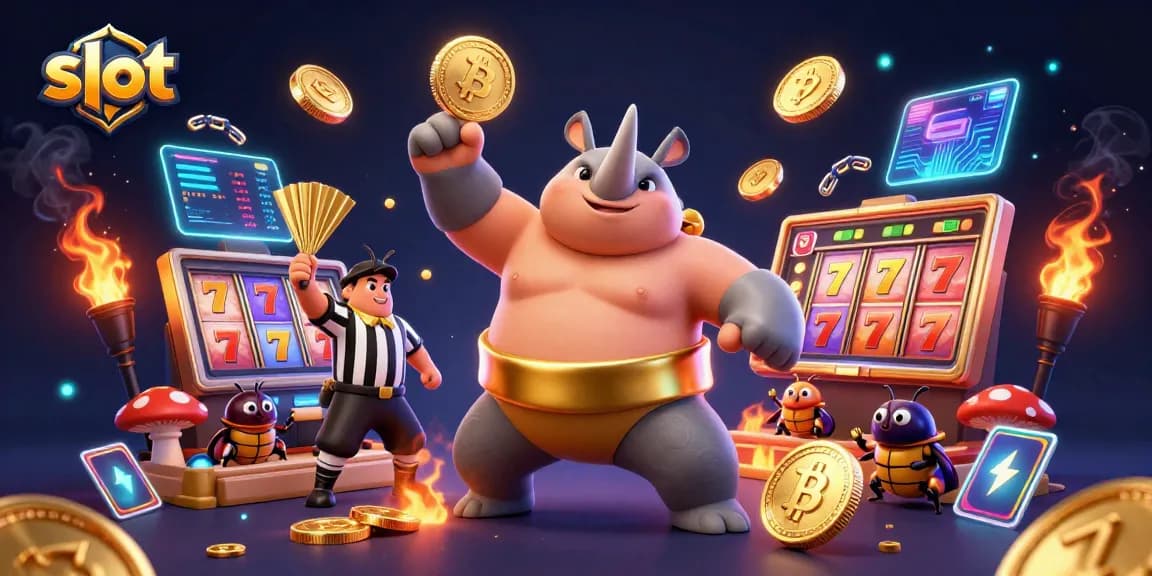 Spin slot reels as a beetle champion stomps coins in this vibrant casino illustration.
