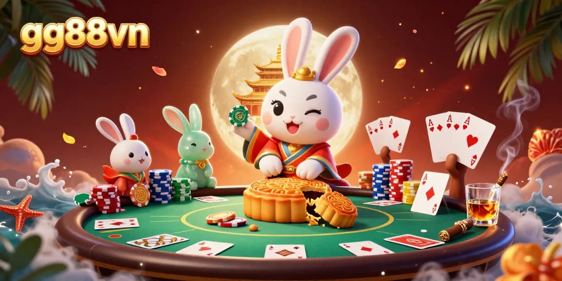 Join the 3D moon rabbit at gg88vn for exciting poker adventures in this captivating illustration.