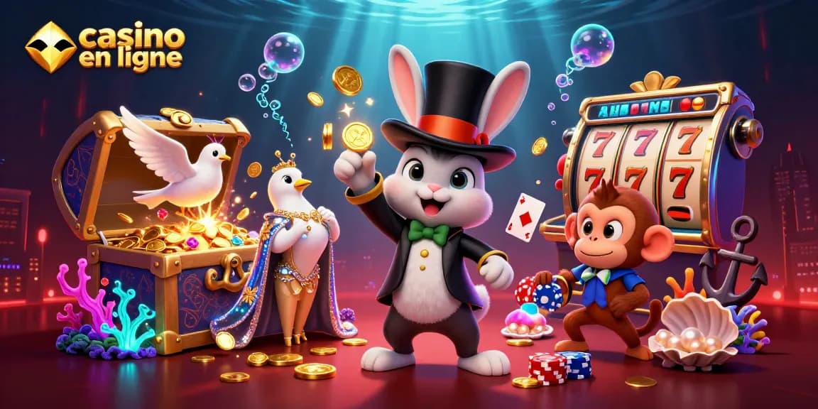 Visualisez le monde du casino en ligne où un magicien tire des pièces d'or, un pigeon en cape et un singe chapardeur s'amusent.