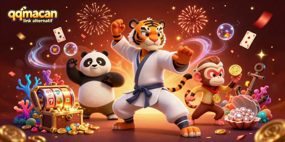 Experience winning excitement with qqmacan link alternatif featuring playful casino characters amidst dynamic slot elements.