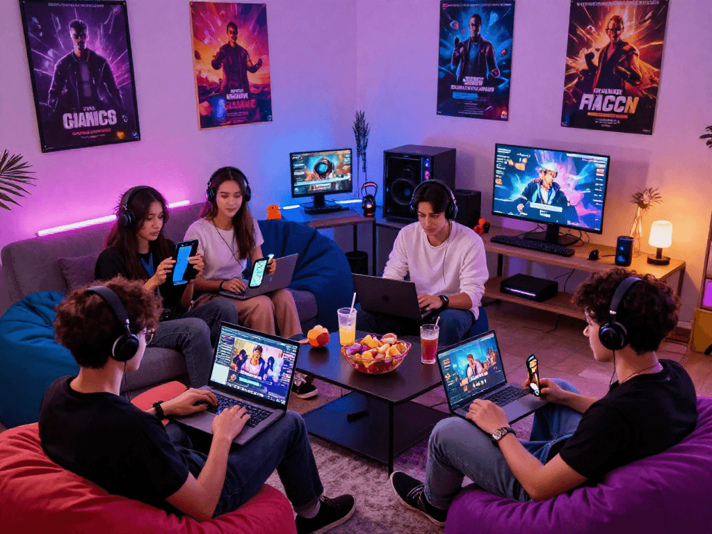 Engaging scene of gamers enjoying popular porngames in a cozy living room setting.