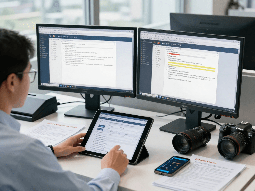 Compliance officer engaged in document fraud detection, analyzing digital files with advanced forensic tools in a modern office.