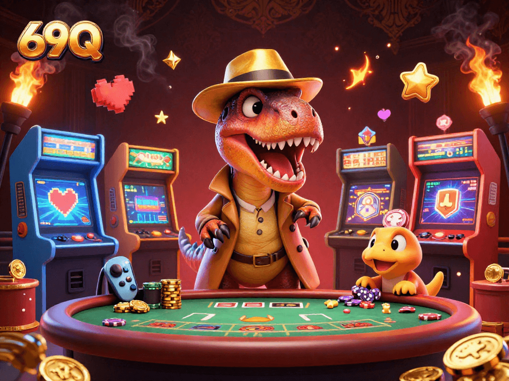 O velociraptor de 69Q finge ser jogador em uma mesa de blackjack, enquanto outros personagens fazem apostas.
