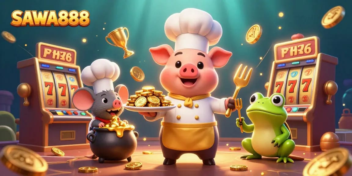 SAWA888: A vibrant 3D cartoon scene showcasing a chef pig serving gold coins among lively slot games.