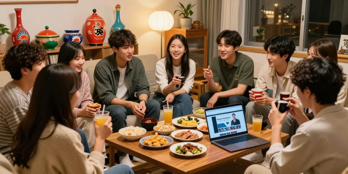 Friends discussing Asian pop culture while visiting https://hanadultalk.com in a cozy living room.