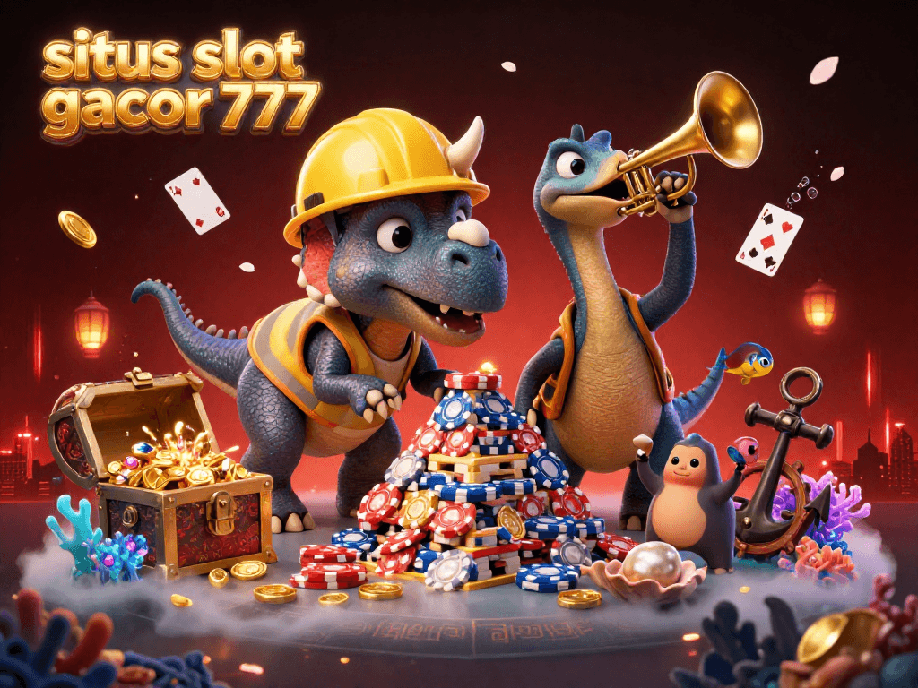 situs slot gacor 777 showcasing a triceratops building poker chips amidst celebratory dinosaur friends in a vibrant casino.