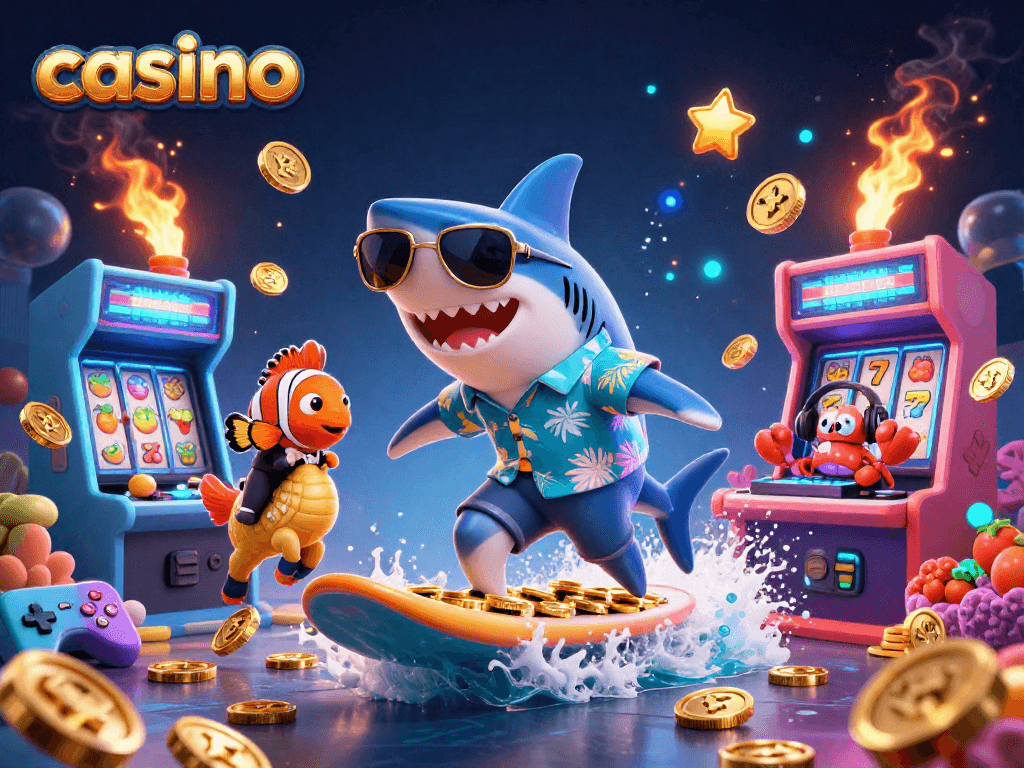 Experience the thrill of a vibrant casino with the shark surfing on gold coins.