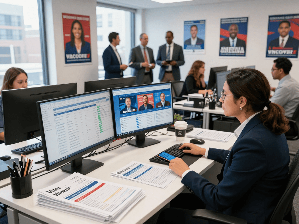 Engaging campaign office scene showing how Hulu political ads can drive voter engagement and strategy.
