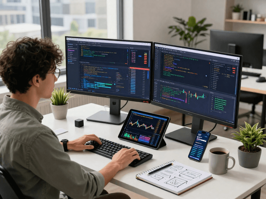 Developer analyzing US stock tick data API on dual monitors in a modern workspace, showcasing real-time market dynamics.
