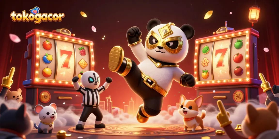 tokogacor menghadirkan suasana kasino dengan panda pejuang yang melompat dan simbol slot yang cerah