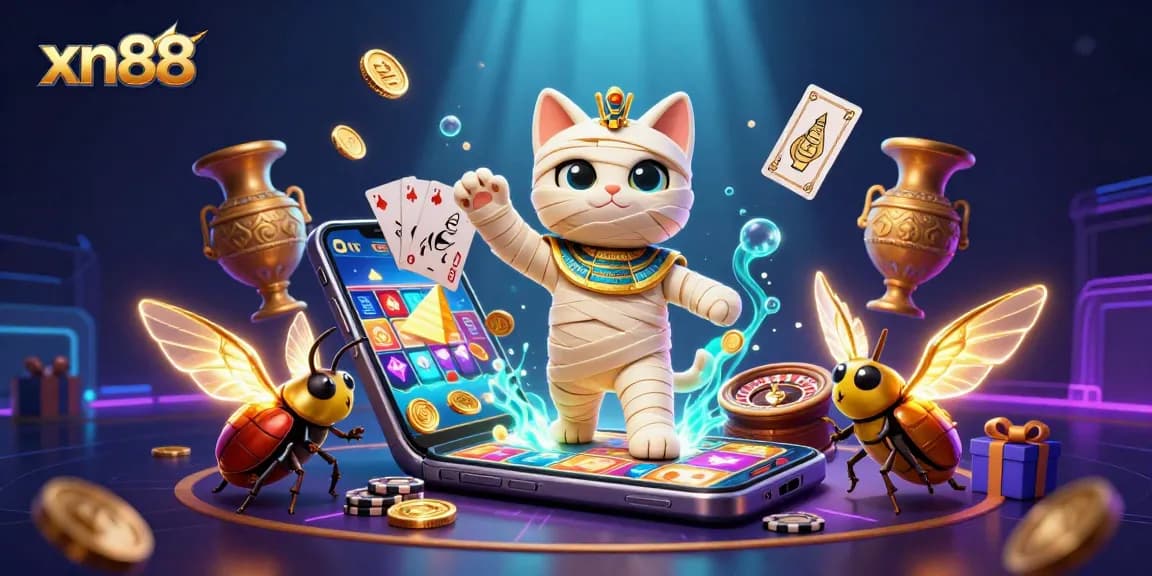 Engage in thrilling adventures with xn88 through a vibrant 3D casino illustration featuring an Egyptian mummy cat.