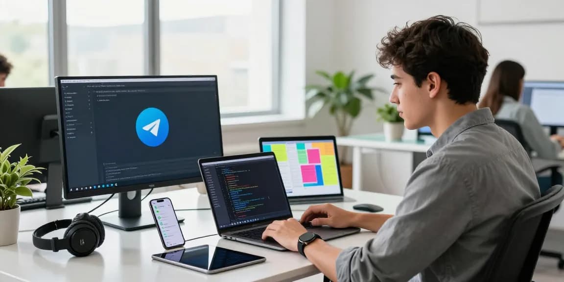 Developer using 纸飞机中文版 on sleek desk in modern workspace with tech gadgets.