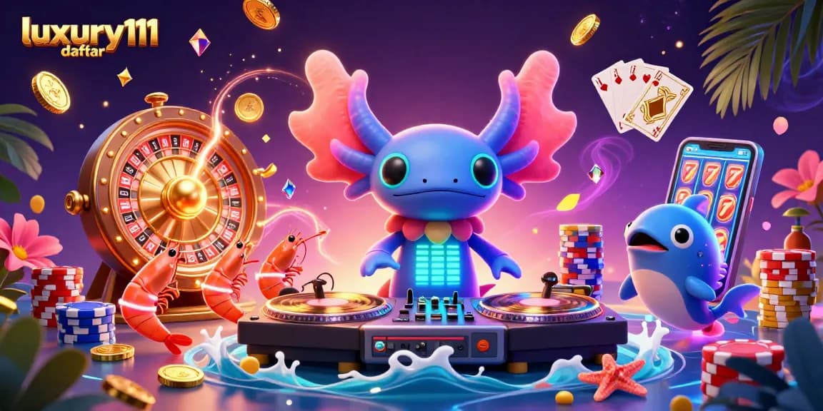 Experience the magic of luxury111 daftar with a vibrant casino scene featuring a 3D axolotl DJ and animated sea creatures.