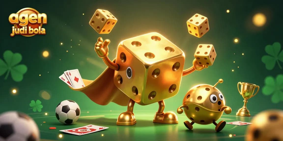 Engage in sports betting with agen judi bola featuring an animated golden dice golem and sports elements.