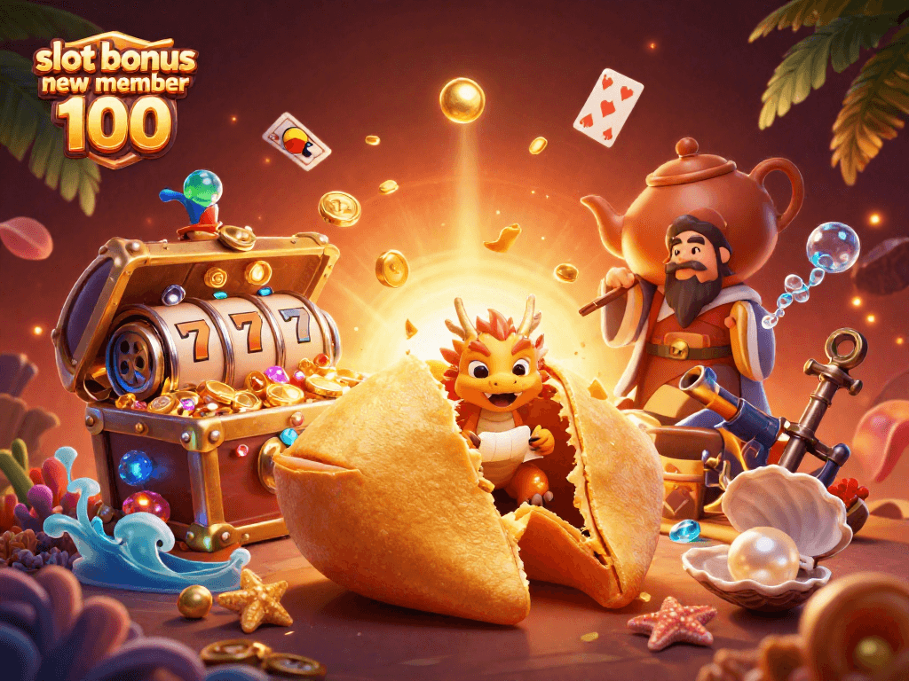 Experience incredible wins with slot bonus new member 100 in this vibrant illustrated casino scene.