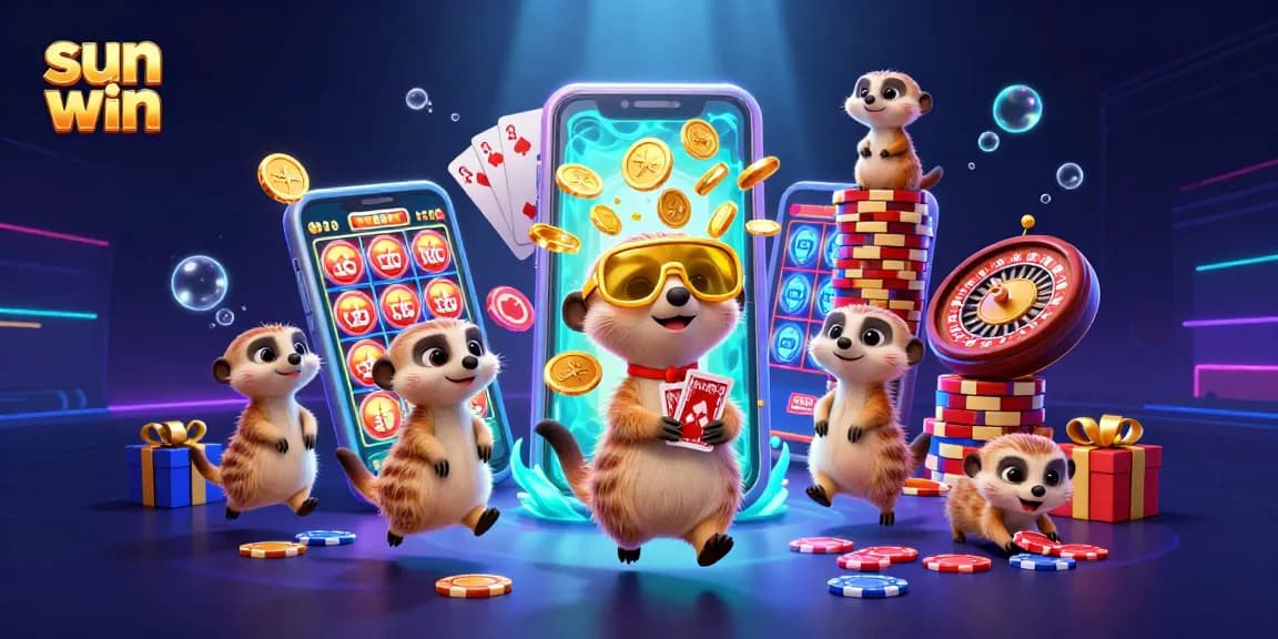 Engage with sun win at this vibrant casino scene featuring meerkats managing games and sneaking chips.
