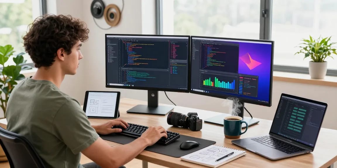 Engaging coding workspace scene featuring telegramin-cn.com developer surrounded by tech gadgets.