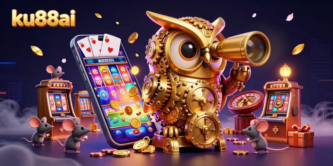 ku88ai features a lively 3D casino scene with a clockwork owl and vibrant slot game chaos.