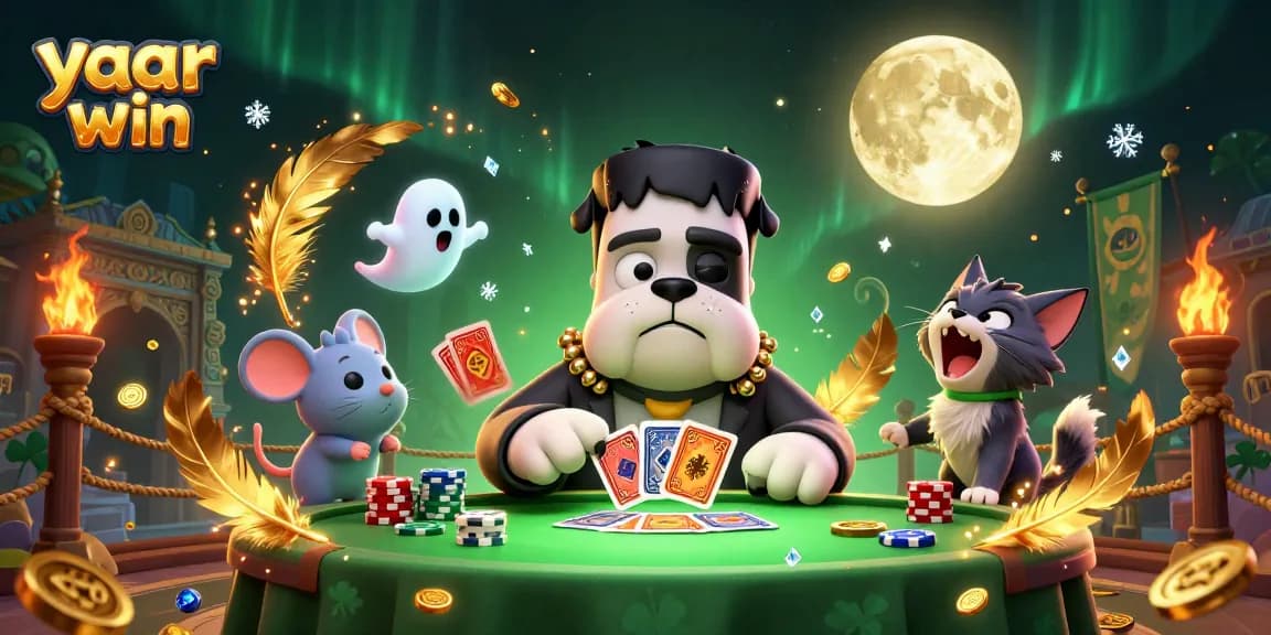 Experience yaar win in a magical casino scene with a bulldog dealer and enchanted tokens.