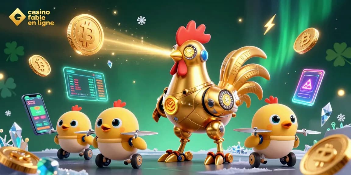 Jouer à un casino fiable en ligne avec un robot coq futuriste illuminant des circuits pendant que des pièces de crypto flottent.