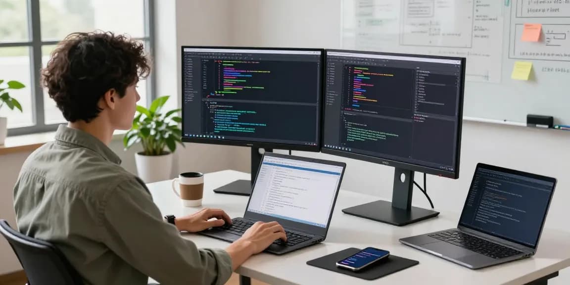 Dynamic tech workspace with developer coding on dual monitors, showcasing the innovative features of teiegramin.com.
