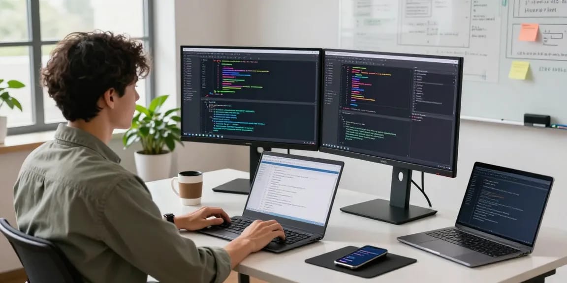 Dynamic tech workspace with developer coding on dual monitors, showcasing the innovative features of teiegramin.com.