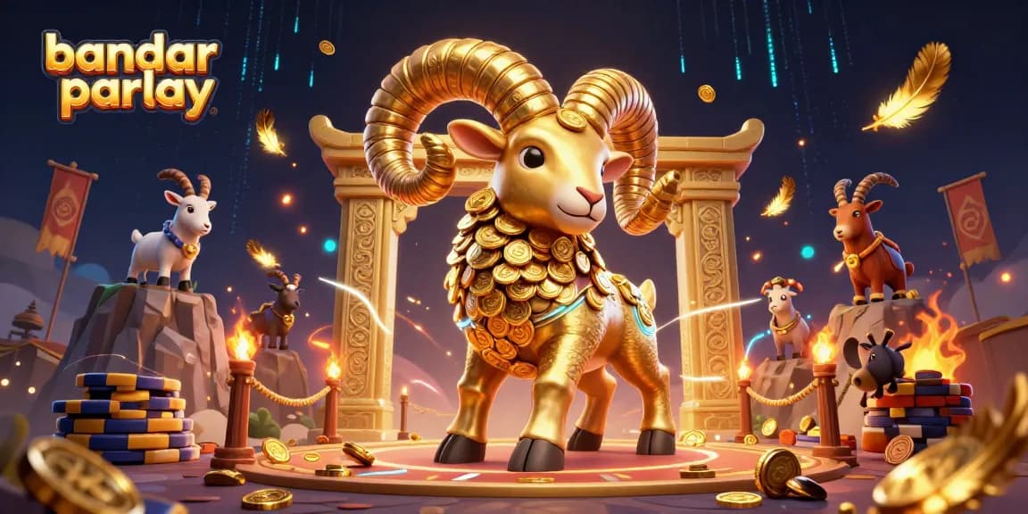 Engage in bandar parlay with a vibrant scene showcasing a golden ram charging at a gold gate amidst festive particles.