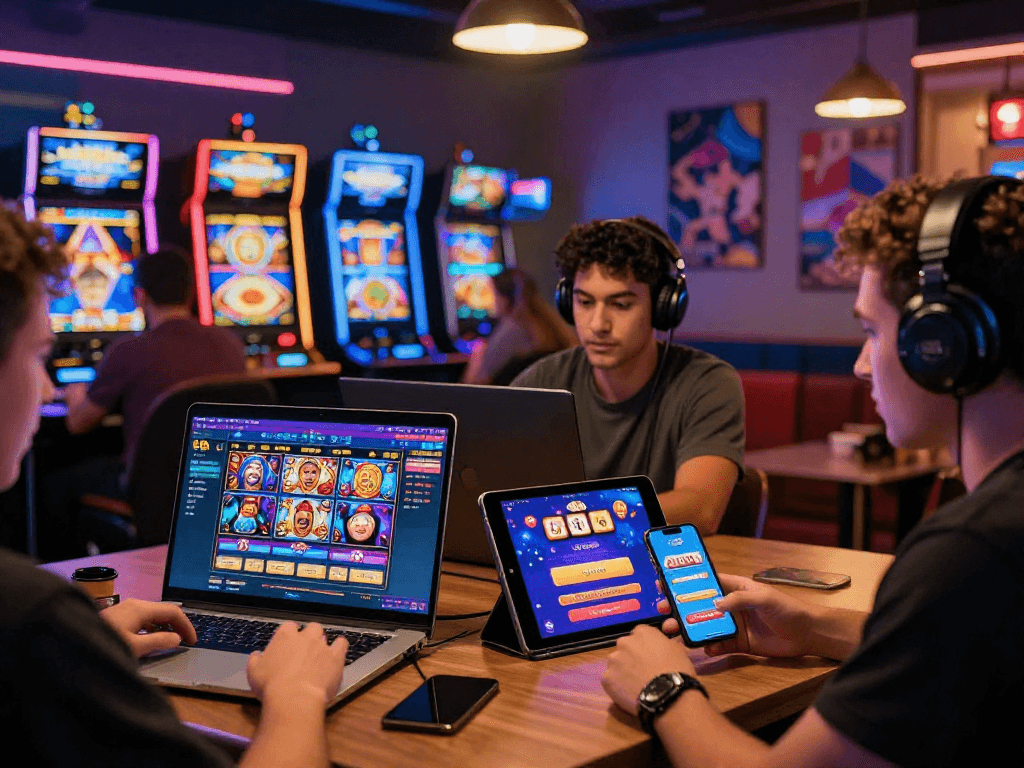Engaged players exploring agen gacor on COINQQSLOT platform in a vibrant online casino atmosphere.