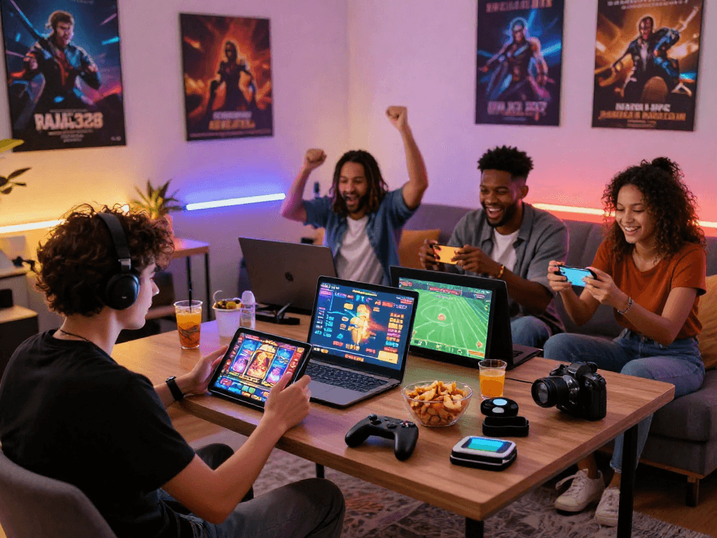 Exciting online gaming scene on Raja328 platform with friends enjoying diverse games and vibrant atmosphere.