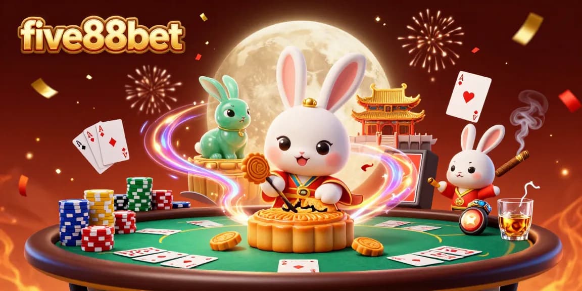 five88bet presents an exciting scene with poker chips, moon rabbit, and mystical elements in a vibrant casino illustration.